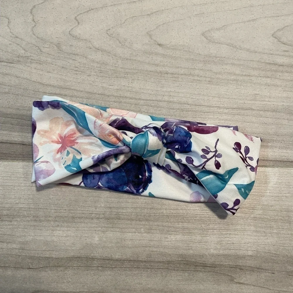 White With Blue and Purple Floral Print Baby Headband With Bow